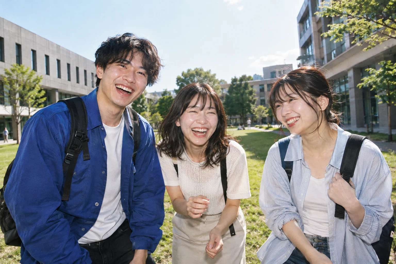 授業のあと、キャンパスで笑い合う大学生たち