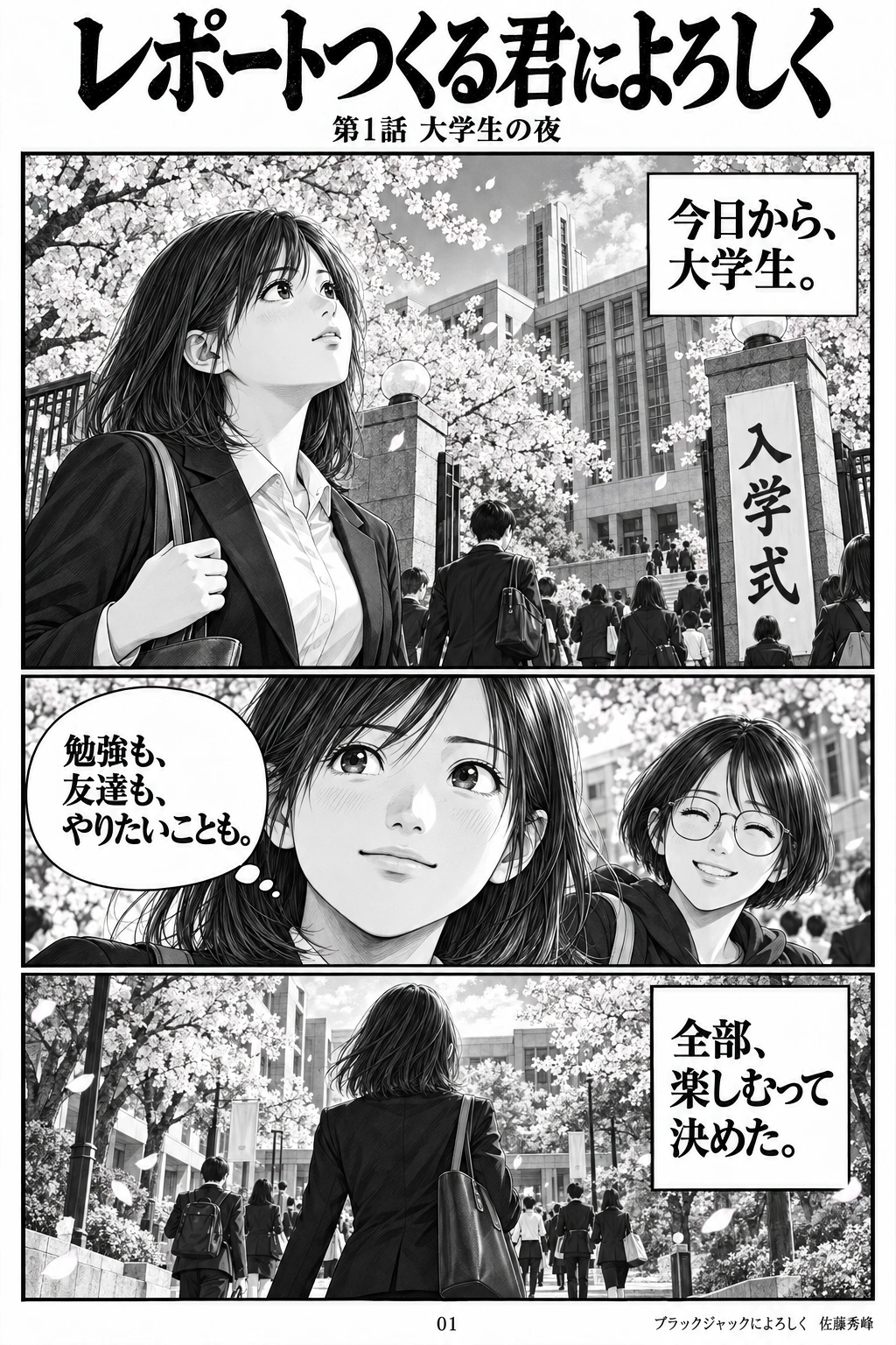 レポートつくる君によろしく、第1話 大学生の夜、1ページ。桜の入学式。女子大学生が、新しい毎日に胸をふくらませる。